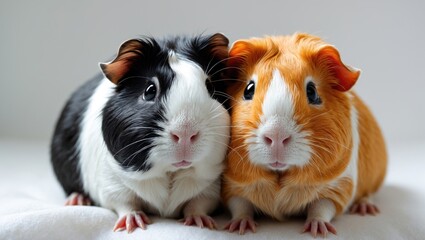 Guinea pigs resting against a white backdrop