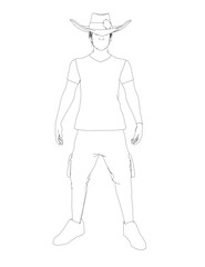 A man in a cowboy hat stands in front of a white background. The man is wearing a shirt and jeans