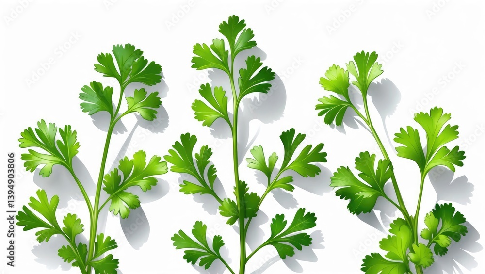 Poster fresh cilantro leaves on a white background. green coriander isolated in a top view format.