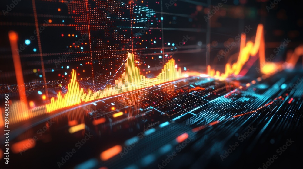 Poster a glowing 3d data chart with bright particle effects, showcasing futuristic analytics