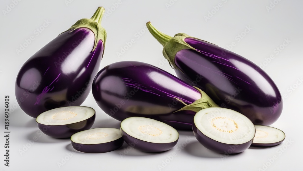 Poster aubergine or eggplant isolated on a white backdrop with a clipping path and complete depth of field