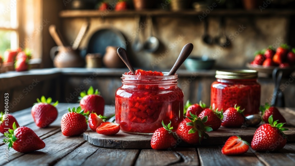 Poster front view of jars filled with strawberry jam placed on a wooden table with fruit in a rustic kitche