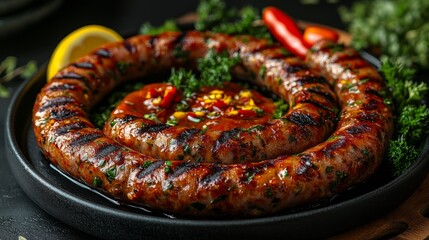 Spiraled sausage radiates smoky spices and herbs, accompanied by a rich sauce, ready to delight food enthusiasts