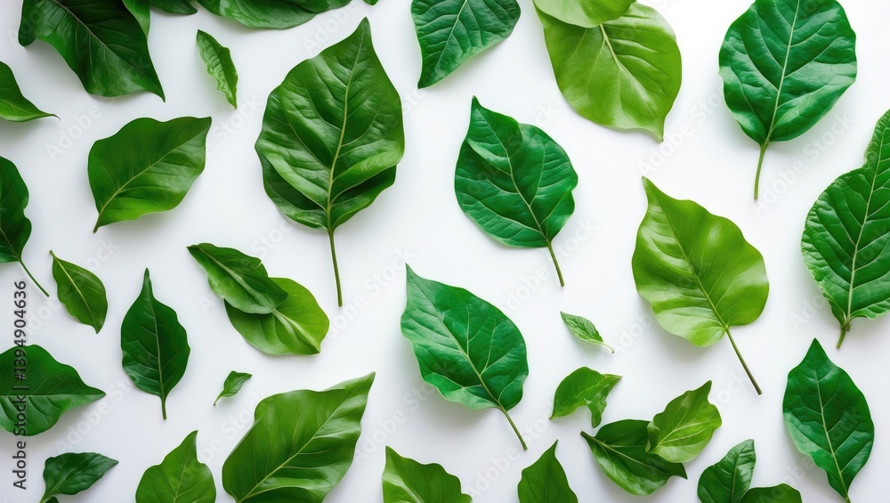 Poster top view arrangement of green leaves and branches against a white background.