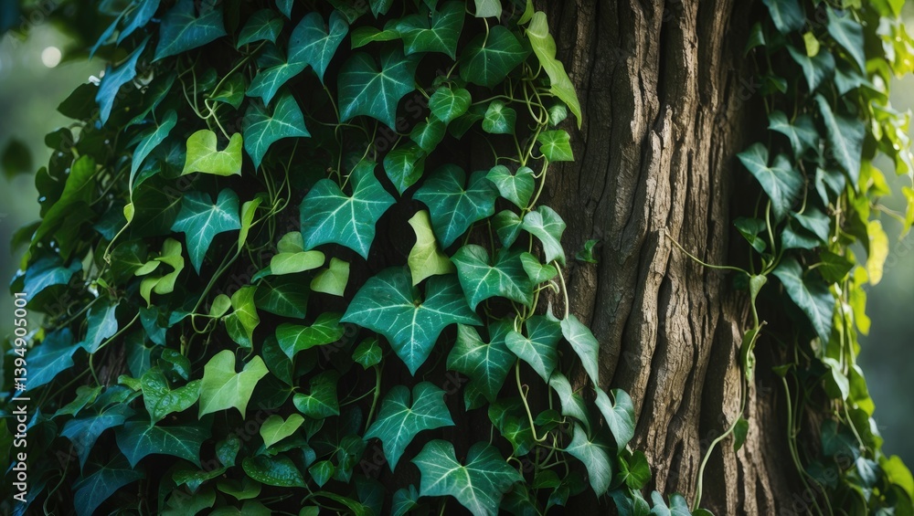 Poster ivy ascending the rough bark of a tree. close-up image.