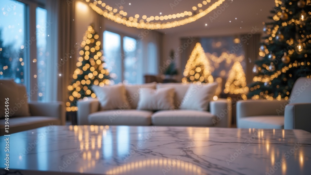 Poster mockup banner for product display set against a christmas backdrop of marble table top and abstract 