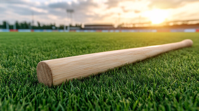 Wooden cricket bat resting on green grass at sunset