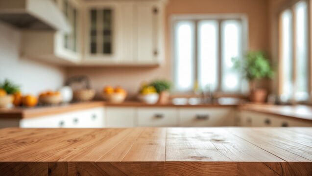 An empty wooden table set against unfocused furniture