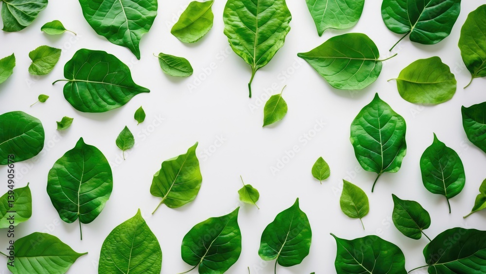 Poster flat lay of leaf branches and green leaves on a white backdrop.