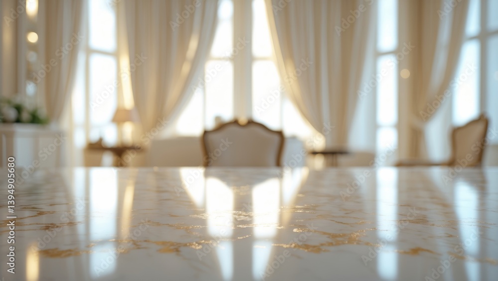 Poster marble table surface without items and soft-focus window drapery background