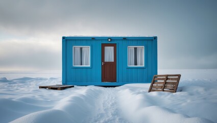 Amidst a beautiful snowy backdrop, a bright blue temporary shelter prominently contrasts, delivering a warm and useful solution for facing tough weather challenges.