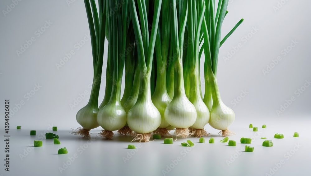 Poster White background featuring green onion in full depth of field