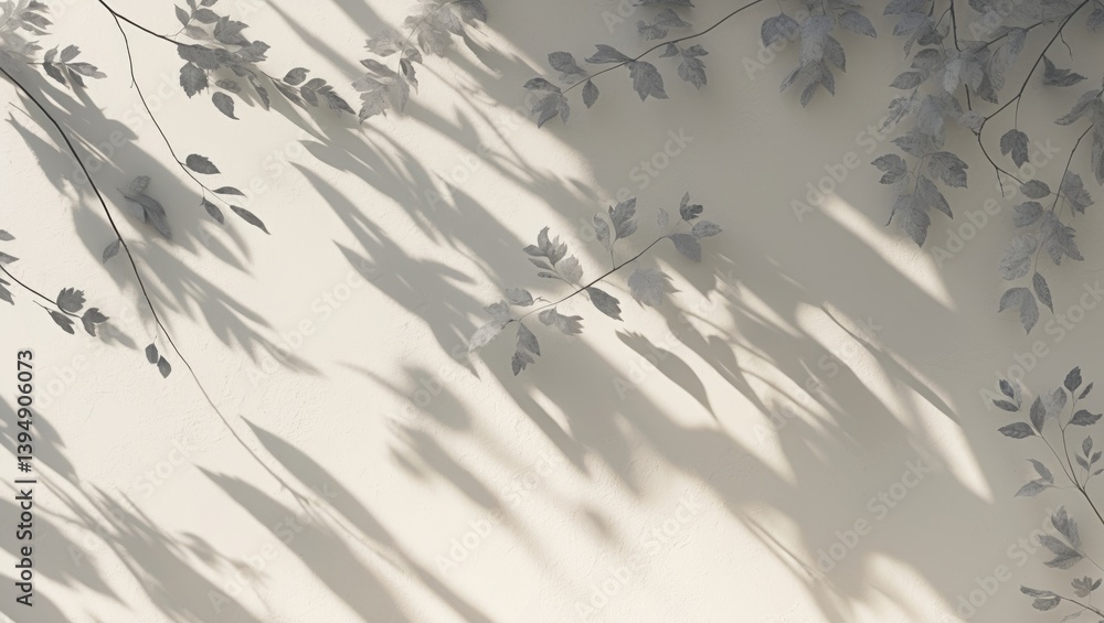 Poster leaves' gray shadow cast on a white wall. abstract neutral nature-themed background. text space avai