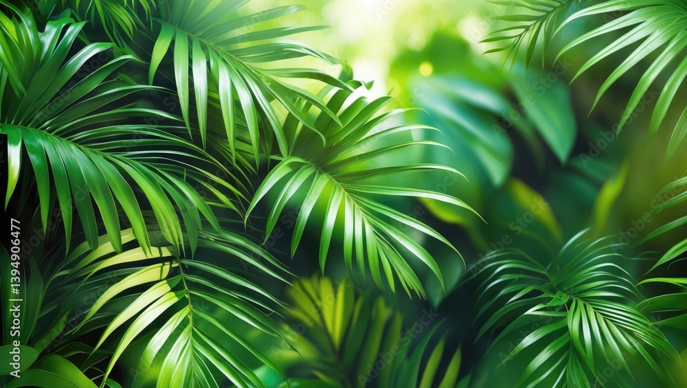Poster Abstract background with green palm leaf pattern texture. Space for tropical summer graphic design.