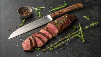 Traditional barbecue aged venison backstrap roast sliced with herbs as top view on a large knife with beautiful background with copy space