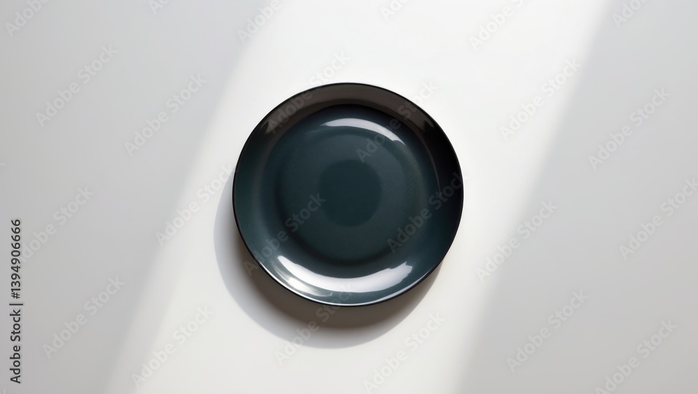 Poster top-down view of a white isolated ceramic round plate with clipping path and shadow.
