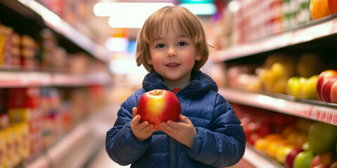 Fototapeta premium Child in the grocery section of a supermarket choosing apples. Kid holding an apple in a store. Healthy snack. Concept of balanced diet and healthy food.
