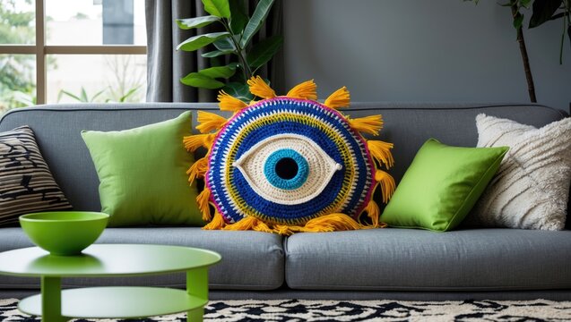 Insight into modern living room interior design with a fashionable grey sofa embellished with colorful green pillows, featuring a whimsical eye-shaped pillow at the center.