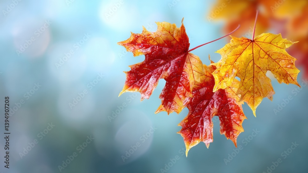 Poster vibrant maple leaves in autumn colors on a blurred background creating a seasonal and serene atmosph
