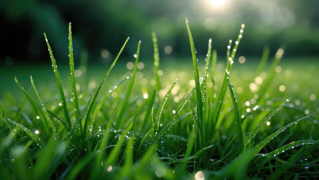 Close-up view of a dew-laden lawn, showcasing the tranquil charm of a morning in the garden