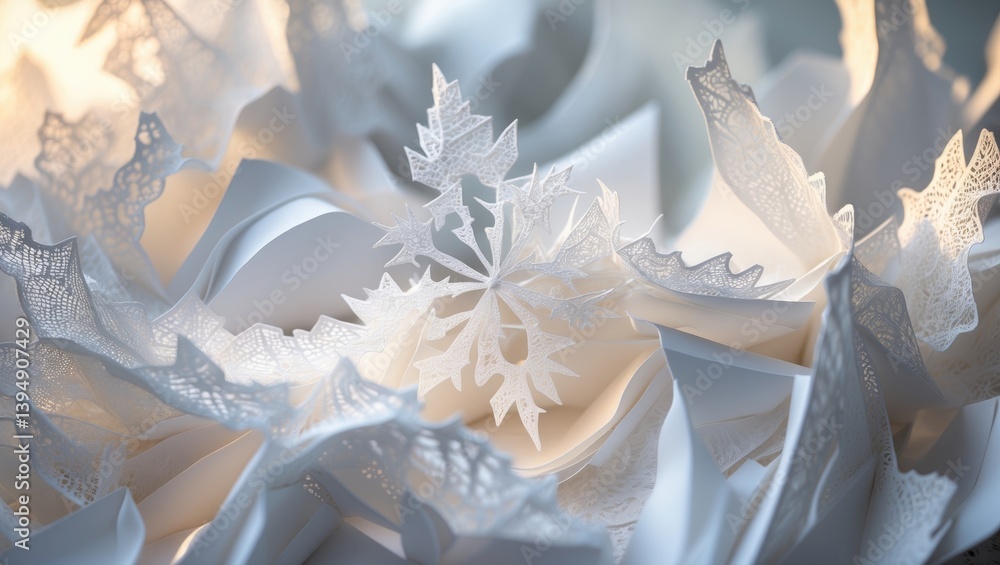 Poster close-up of intricately arranged white paper forming abstract designs and sharp contours akin to a s