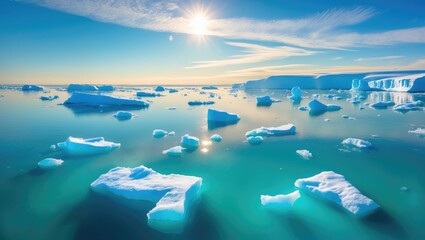 Obraz premium Aerial landscape of a sunny ocean. Icebergs and ice floes in polar waters under a vivid blue sky. Melting ice, climate change, global warming. Sweeping drone footage over the frozen sea.