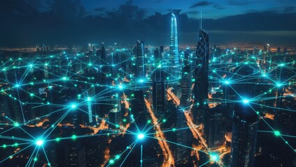 Contemporary urban area and wireless communication network idea. Intelligent city. Digital evolution. Vertical layout for promotional materials and banners.