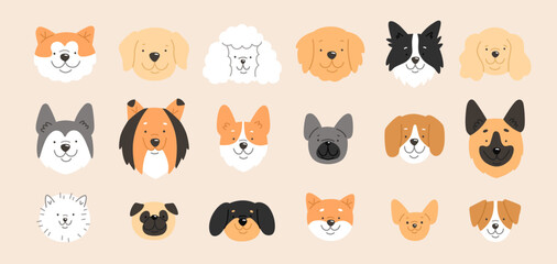 Vector illustration of сartoon dogs breeds set. Cute faces of akita inu, husky, shepherd, retriever, labrador, jack russell, corgi, pug, dachshund. Flat style design elements on beige background.