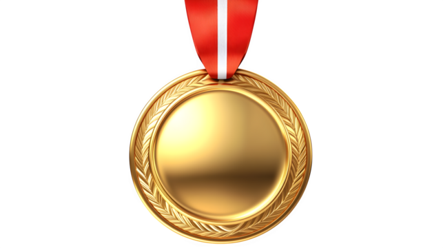 Glossy gold medal with a ribbon loop, 3D style,
