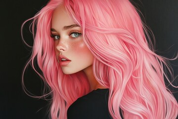 Fototapeta premium Stylish Woman with Pink Hair and Freckles Posing Against Black Background