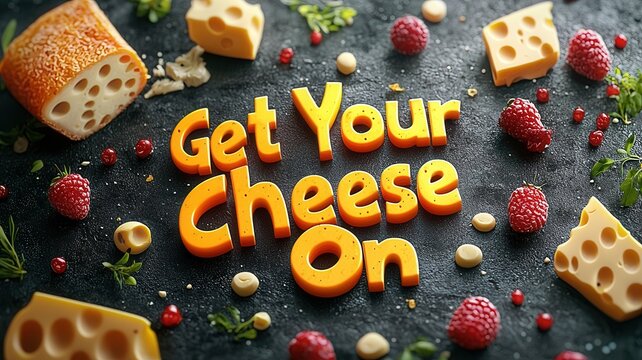 National cheese day with snack and celebration idea. Cheese-themed graphic with playful text and assorted ingredients.