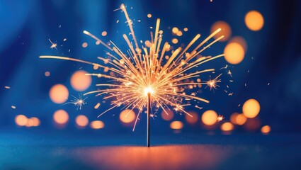 Obraz premium Gorgeous sparkles from sparklers against a bokeh backdrop, celebratory background. Vibrant flames on a blue backdrop.