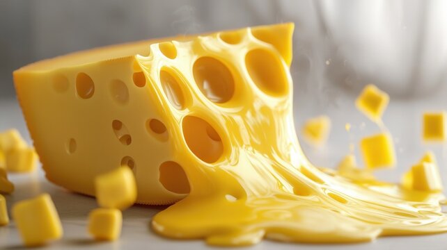 National cheese day with snack and celebration idea. Melted cheese with cubes on a light surface.