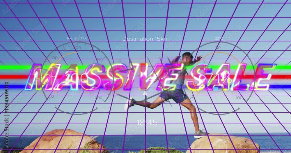 Poster jumping between rocks, man with animation of massive sale text and grid overlay