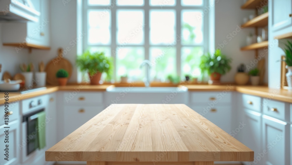 Poster wood table from above for product presentation on a soft-focus kitchen counter and broad window back