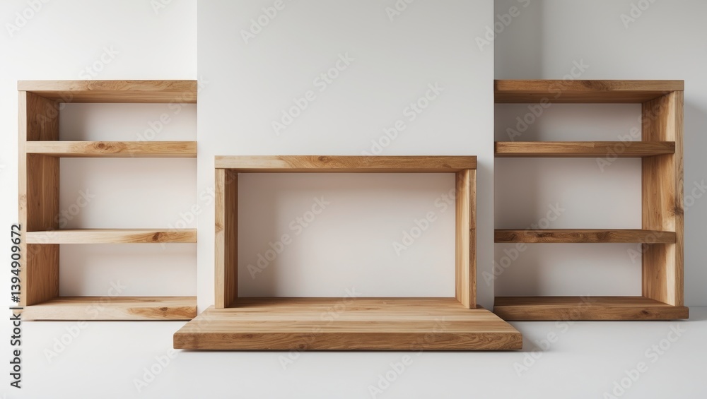 Poster array of wooden shelves displayed on an empty white background