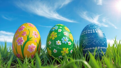 Easter eggs in vivid hues on a grassy area under a brilliant spring sky.