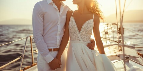 Beautiful couple wearing white clothes sailing on luxury yacht on summer evening. Man and woman in love enjoying themselves on a boat.