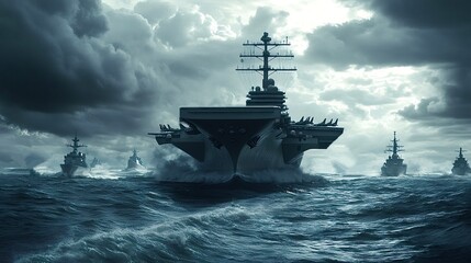 Aircraft carrier and escort ships sailing in rough seas under stormy sky