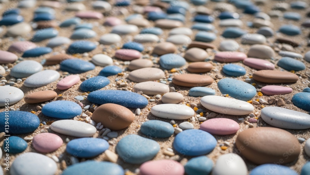 Aufkleber close-up shot of a pebble mosaic embedded in concrete, displaying multicolored smooth stones in an o