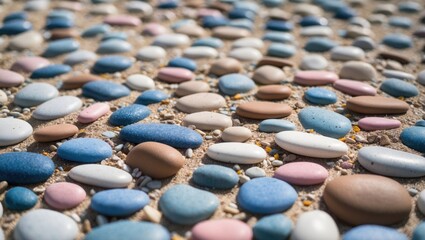 Obraz premium Close-up shot of a pebble mosaic embedded in concrete, displaying multicolored smooth stones in an organic layout.