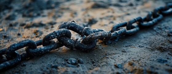 A rusted chain lays on sandy ground, weathered links symbolizing strength despite decay, set against an earthy texture, hinting at past resilience.