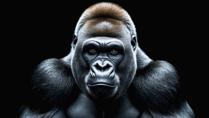 Portrait showcasing a male gorilla set against a black background, strong silverback, grave expression of the great ape, the mightiest and largest monkey. Head of a gorilla clan. APE.