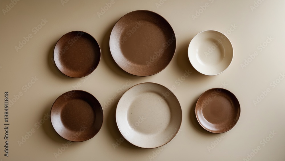 Aufkleber five differently sized plates on a beige surface. textured grainy patterns adorn the plates. top-dow