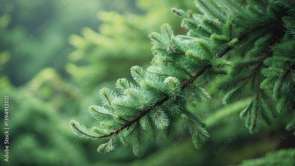 Poster close-up of a fir tree branch. shallow depth of field. fluffy fir tree branch zoomed in. wallpaper i
