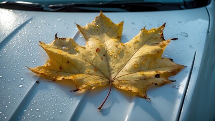 Golden yellow leaf in autumn, white setting, tabular leaf shape, close-up perspective, leaf fallen on car