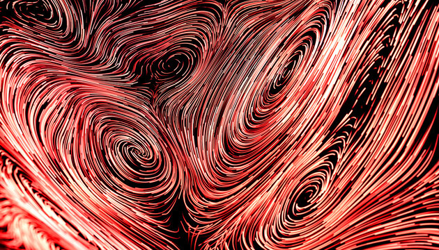 Abstract red and black swirling pattern creating a dynamic and vibrant visual effect. 3D rendering
