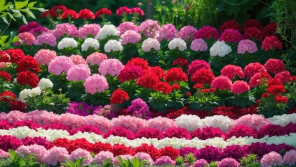 Colorful geraniums flourish in pink, red, and white tones in a sunny garden, natural environment.