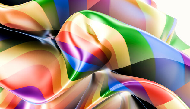 Vibrant, silky rainbow fabric with flowing, wavy textures evoking movement and fluidity. Blender illustration