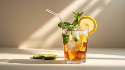 Fototapeta premium Chilled tea with lemon, fresh mint, and ice served in tall glasses.